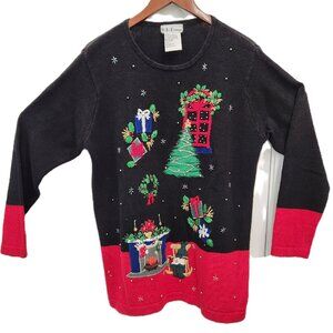 Christmas Ugly Sweater Cat on Chair Fireplace Presents Black/Red Knit Vtg Medium